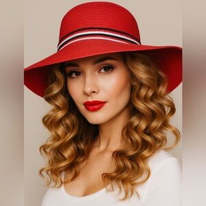 Vintage Daniele Meucci Red Stripes 100% paper straw hat Made in Italy Wide Brim